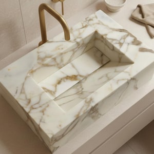 Custom Calacatta Gold Marble Sink with Linear Drain – Wall Mount Vanity Sink – 70x44 cm – Handmade Luxury Stone Bathroom Basin