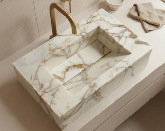Custom Calacatta Gold Marble Sink with Linear Drain – Wall Mount Vanity Sink – 70x44 cm – Handmade Luxury Stone Bathroom Basin