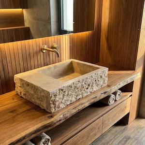 Benutzerdefinierte Travertin-Marmor-Waschbecken, an der Wand montiertes Marmor-Waschbecken - Handgefertigtes Travertin-Waschbecken, Naturstein, Becken, Travertin-Waschbecken für Badezimmer