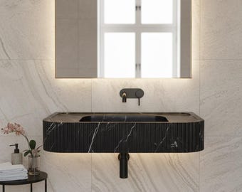Black Marble Sink | Wall Mounted Nero Marquina Bathroom Sink | Custom Natural Stone Basin