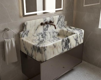 Calacatta Viola Marble Sink with Backsplash, Wall Mount Natural Stone Sink, Washbasin, Powder RoomSink, Sink for bathroom