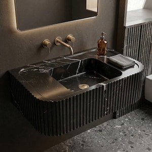 Black Marquina Marble Sink, Nero Marquina Marble Sink ,Black Marble Sink ,Wall Mounted,Fluted Design,Modern Powder Room Sink,Bathroom Sink