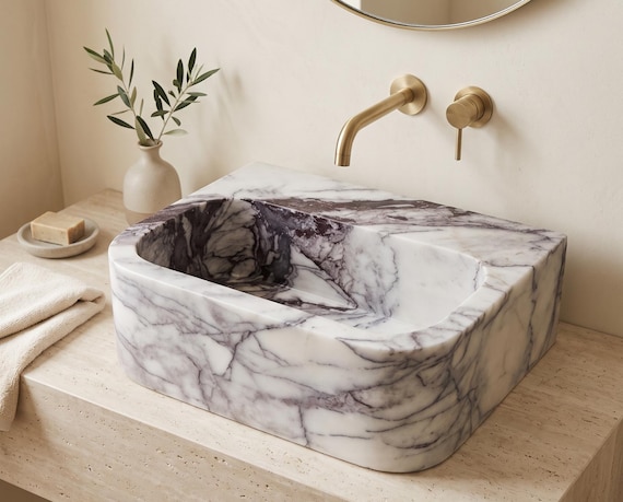 Lilac Marble Vessel Sink, Small Countertop Bathroom Basin, Custom Natural Stone Powder Room Sink