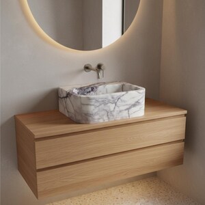 Pia de mármore lilás, cuba pequena para banheiro com bancada, pia personalizada em pedra natural para lavabo. imagem 6