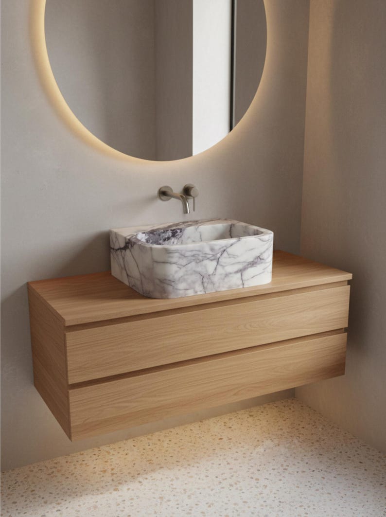 Pia de mármore lilás, cuba pequena para banheiro com bancada, pia personalizada em pedra natural para lavabo. imagem 6