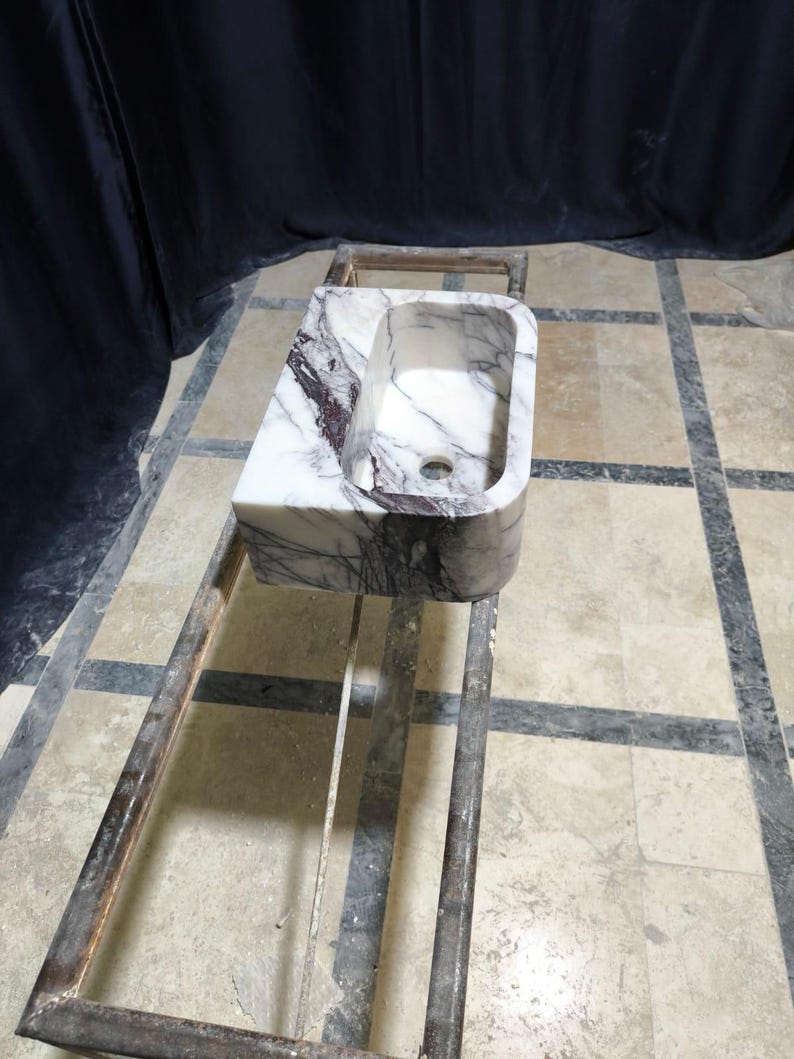 Pia de mármore lilás, cuba pequena para banheiro com bancada, pia personalizada em pedra natural para lavabo. imagem 12
