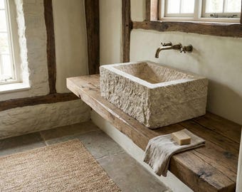 Lavandino rustico in marmo travertino - Lavandino in pietra naturale personalizzabile / Lavandino da bagno a parete / Spedizione gratuita / 100% pietra naturale