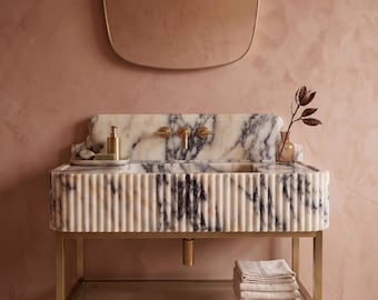 Calacatta Viola Marble Sink with Backsplash, Custom Wall-Mounted Bathroom Basin