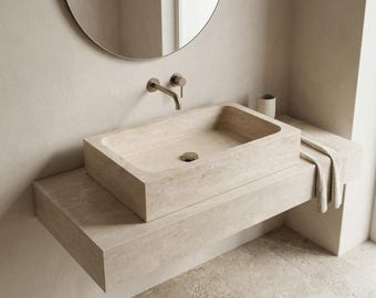 Travertine Marble Sink, Wall Mounted Marble Sink - Handmade Travertine Sink, Natural Stone, Washbasin, Travertine Sink for Bathroom, Marble