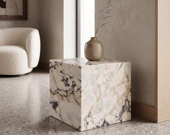 Calacatta Viola Marble Plinth Side Table - Coffee Table - Ready to Ship | Handmade Marble Side Table | 15.7"x15.7"x15.7" | Luxury Home Decor