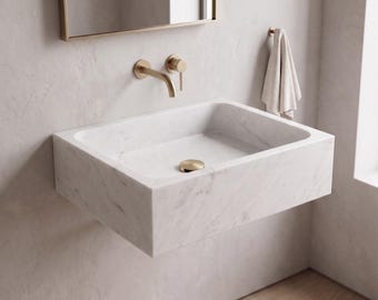 Custom White Carrara Marble Sink – Wall-Mounted Natural Stone Washbasin for Bathroom or Powder Room – Handmade Vanity Basin - Natural Stone