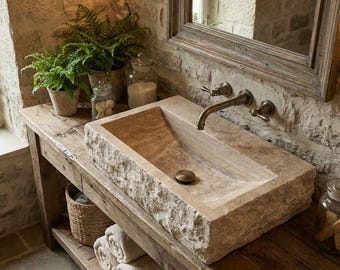 Travertine Rough Chiseled Sink Wall Mounted Marble Sink, Custom Natural Stone Washbasin, Handmade Travertine Sink, Sink with faucet hole