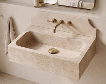 Lavabo de travertino con protector contra salpicaduras, lavabo de piedra natural, lavabo de pared, lavabo para baño, lavabo para tocador, lavabo de mármol, lavamanos