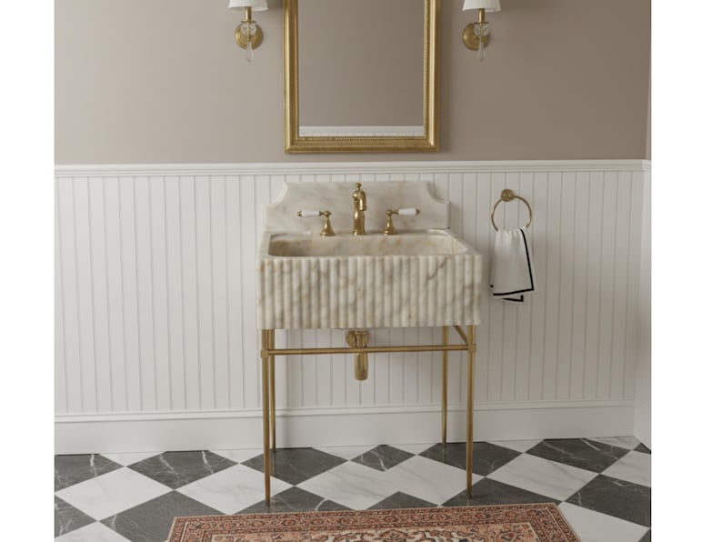 Custom Calacatta Gold Marble Sink, Floating Sink with Backsplash, Marble Sink Vanity, Powder Room Sink, Wall Mounted Sink, Sink Top image 2