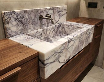 Calacatta Lilac Marble Sink, Wall Mounted Sink with Backsplash, Bathroom Design Basin Vanity