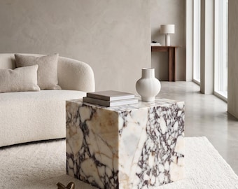 Calacatta Marble Cube Side Table, Handmade Natural Stone Plinth End Table, Custom Size