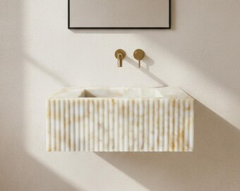 Stunning Calacatta Gold Fluted Marble Sink, Wall-Mounted Luxury Stone Basin, Handmade Sink,Natural Marble Vanity Sink
