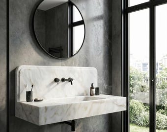 Calacatta Gold Marmor Waschbecken Wandhalterung Marmor Waschbecken mit Aufkantung Marmor Badezimmer Waschbecken Pulver Raum Waschbecken Benutzerdefinierte Eitelkeit Top Marmor Waschbecken