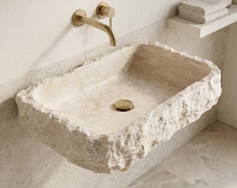 Travertine Marble Sink, Wall Mounted Marble Sink with Faucet Hole, Handmade, Natural Stone Basin, Travertine Sink for Bathroom, Easter gift
