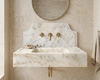 Calacatta goud marmeren wastafel wandmontage marmeren wastafel met backsplash marmeren badkamer wastafel damestoilet aangepaste wastafelblad marmeren wastafel