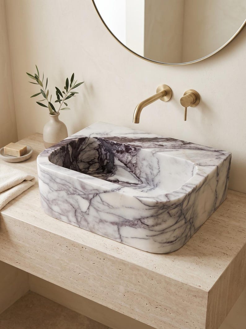 Pia de mármore lilás, cuba pequena para banheiro com bancada, pia personalizada em pedra natural para lavabo. imagem 3