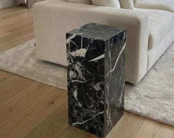 Nero Marquina - Black Marble Plinth Table - Side Table - Negro Marquina End Table | Handmade Marble Side Table| 25.5*25.5*61cm | Luxury Home