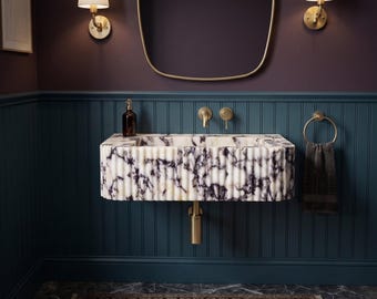 Calacatta Viola Fluted Marble Sink, Rectangular Countertop Vessel Basin, Custom Natural Stone Sink