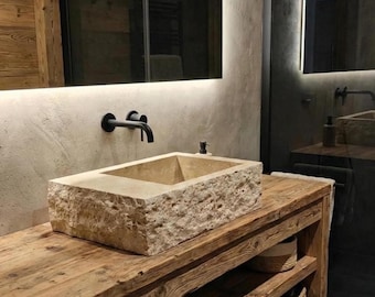 Lavandino in marmo travertino, lavandino in marmo a parete - Lavandino in travertino fatto a mano, pietra naturale, lavabo, lavandino in travertino per bagno, marmo