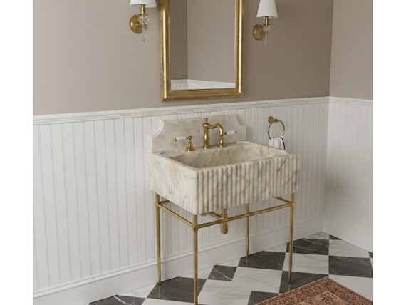 Custom Calacatta Gold Marble Sink, Floating Sink with Backsplash, Marble Sink Vanity, Powder Room Sink, Wall Mounted Sink, Sink Top