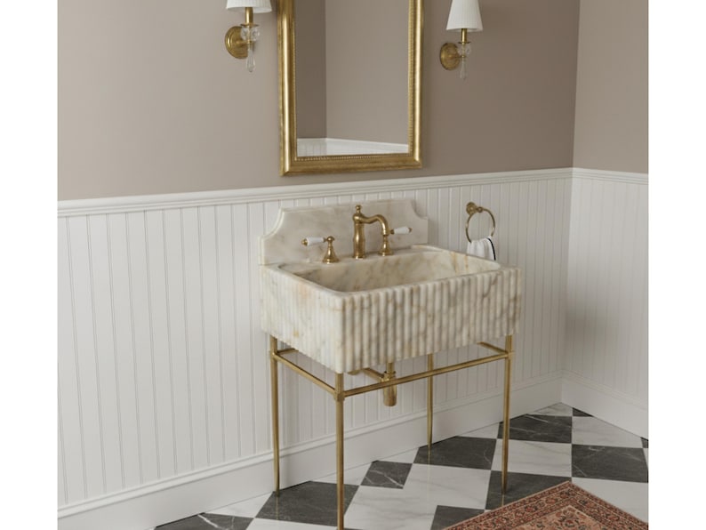 Custom Calacatta Gold Marble Sink, Floating Sink with Backsplash, Marble Sink Vanity, Powder Room Sink, Wall Mounted Sink, Sink Top image 1