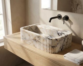 Custom Calacatta Gold Marble Sink – Wall-Mounted Floating Vanity Sink – Handmade Natural Stone Bathroom Basin with Grooved Soap Dish