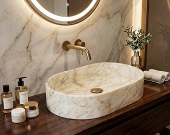 Custom Calacatta Gold Marble Sink, Handmade Oval Marble Basin, Custom Wall Mount or Countertop Sink, Natural Stone Sink