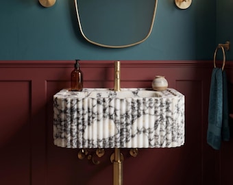 Calacatta Viola Fluted Marble Sink, Countertop or Wall-Mounted Custom Bathroom Basin