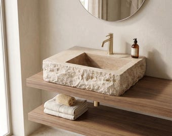 Travertine Sink – Handmade Natural Stone Basin, Custom Bathroom Vanity Sink, Modern Arch Design, Travertine Washbasin