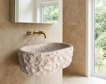 Travertine Oval Sink – Wall Mounted Handmade Stone Sink | Natural Marble Bathroom Vanity Basin | Rustic Modern Travertine Sink 50x30x20 cm