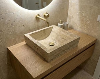 Lavabo de mármol travertino artesanal: lavabo cuadrado con interior curvo, lavabo de travertino, lavabo de piedra natural, lavabo para baño.