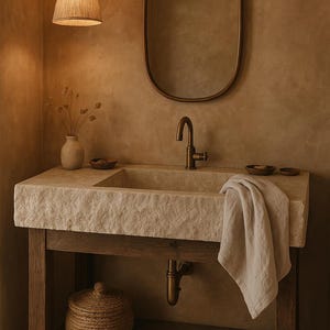 May include: A rustic bathroom sink with a stone basin and wooden base. The faucet and mirror have a bronze finish. A woven pendant light hangs above. A linen towel hangs on the side of the sink. A woven basket sits on the shelf below.