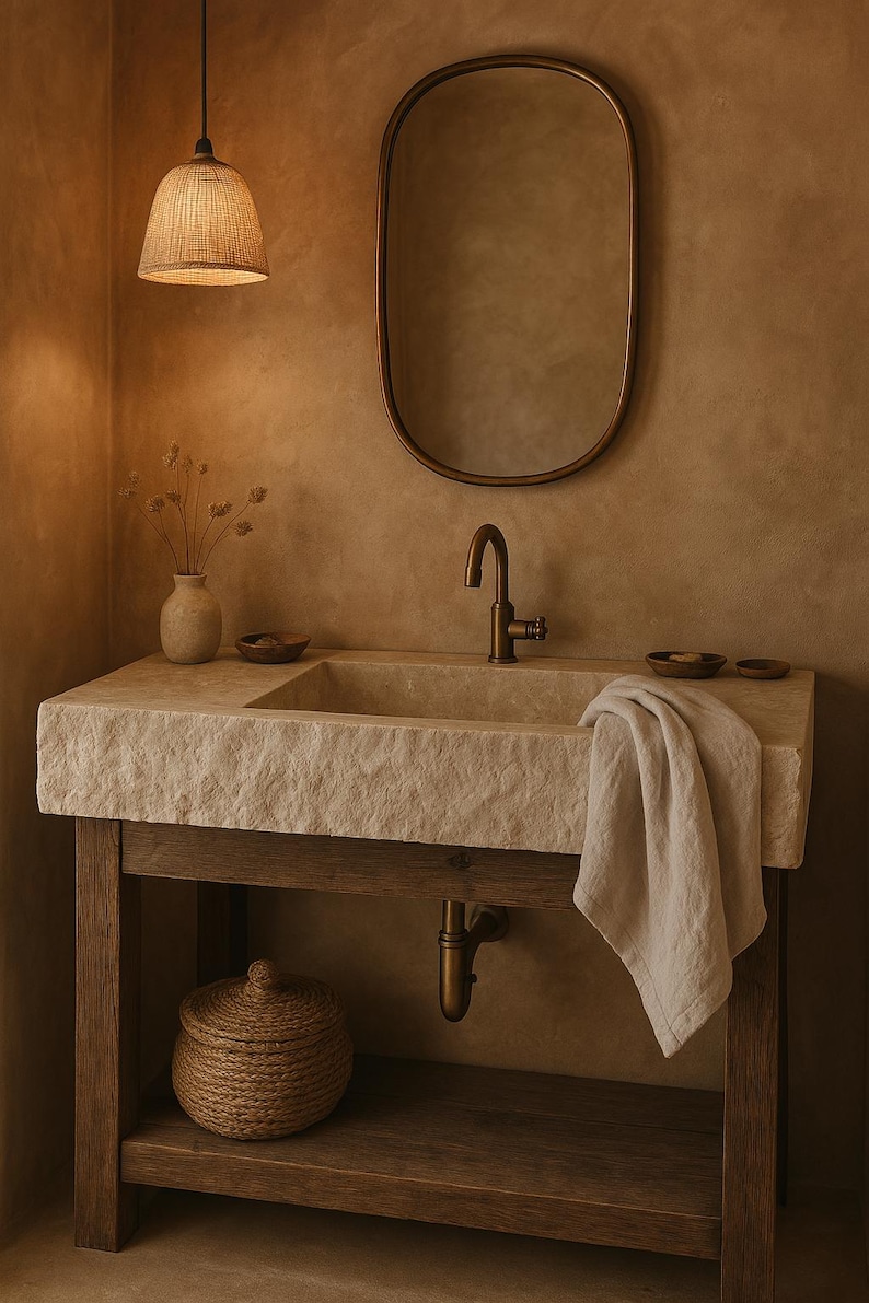 May include: A bathroom vanity featuring a rectangular stone sink with a rough-hewn edge, a wooden base with a lower shelf, a bronze faucet, an oval mirror, a woven lidded basket, a small vase with dried flowers, and a light-colored linen towel.