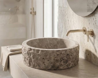 Rustic Round Silver Travertine Sink, Natural Stone Sink, Travertine Sink Chiseled Design,Travertine Sink,Custom Design,Elegant Bathroom Sink
