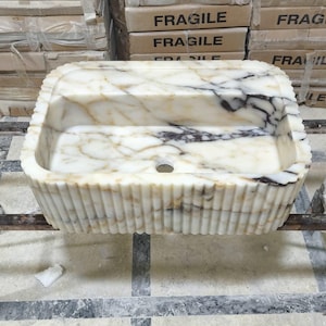 Calacatta Gold Marble Sink, Wall Mounted Marble Sink, Marble Sink, Sink for Bathroom, Powder Room Sink, Marble Grooved Sink (CUSTOM ORDER)
