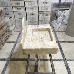 Lavabo de mármol Calacatta Sugar, lavabo de mármol para montaje en pared con protector contra salpicaduras, lavabo de mármol para baño, lavabo para tocador, encimera de tocador personalizada, lavabo de mármol imagen 11