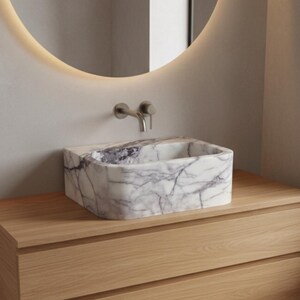 Pia de mármore lilás, cuba pequena para banheiro com bancada, pia personalizada em pedra natural para lavabo. imagem 4
