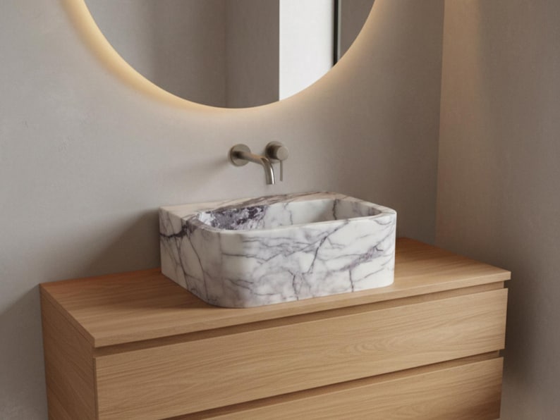 Pia de mármore lilás, cuba pequena para banheiro com bancada, pia personalizada em pedra natural para lavabo. imagem 4