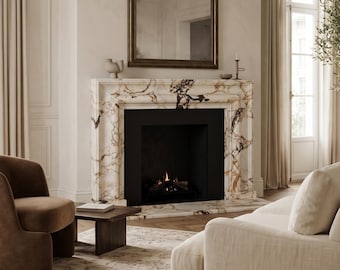 Calacatta Marble Fireplace Surround, Hand-Carved Fireplace Mantel with Hearth Slab, Custom Size