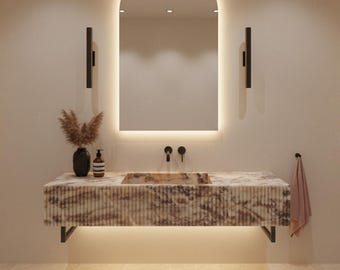 Luxurious Wall Mount Calacatta Pink Marble Sink, Hand-Carved, Ribbed Design, 56x20, Luxurious Hand-Carved Pink Marble