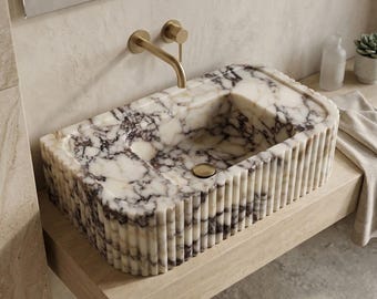 Calacatta Viola Marble Sink With Ribbed on Three Side, Marble Sink, Custom Order Marble Sink, Hand Carved Marble Sink, Wall Mount Sink Basin