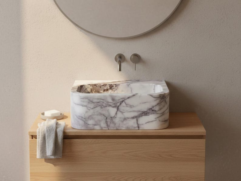 Pia de mármore lilás, cuba pequena para banheiro com bancada, pia personalizada em pedra natural para lavabo. imagem 2
