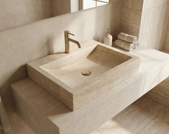 Travertine Stone Sink – 100% Natural Wall-Mounted Sink – Handmade Bathroom Basin – Customizable Size