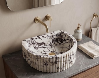 Calacatta Viola Marble Sink, Semi Circular Fluted Vessel Basin, Handmade Natural Stone Bathroom Sink, 16 x 12