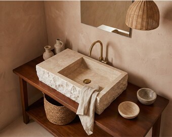 Custom Travertine Marble Sink, Wall Mounted Marble Sink - Handmade Travertine Sink, Natural Stone, Basin, Travertine Sink for Bathroom